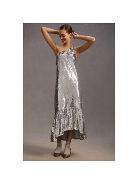 Maeve Silver Sequin One-Shoulder Ruffle-Hem Dress